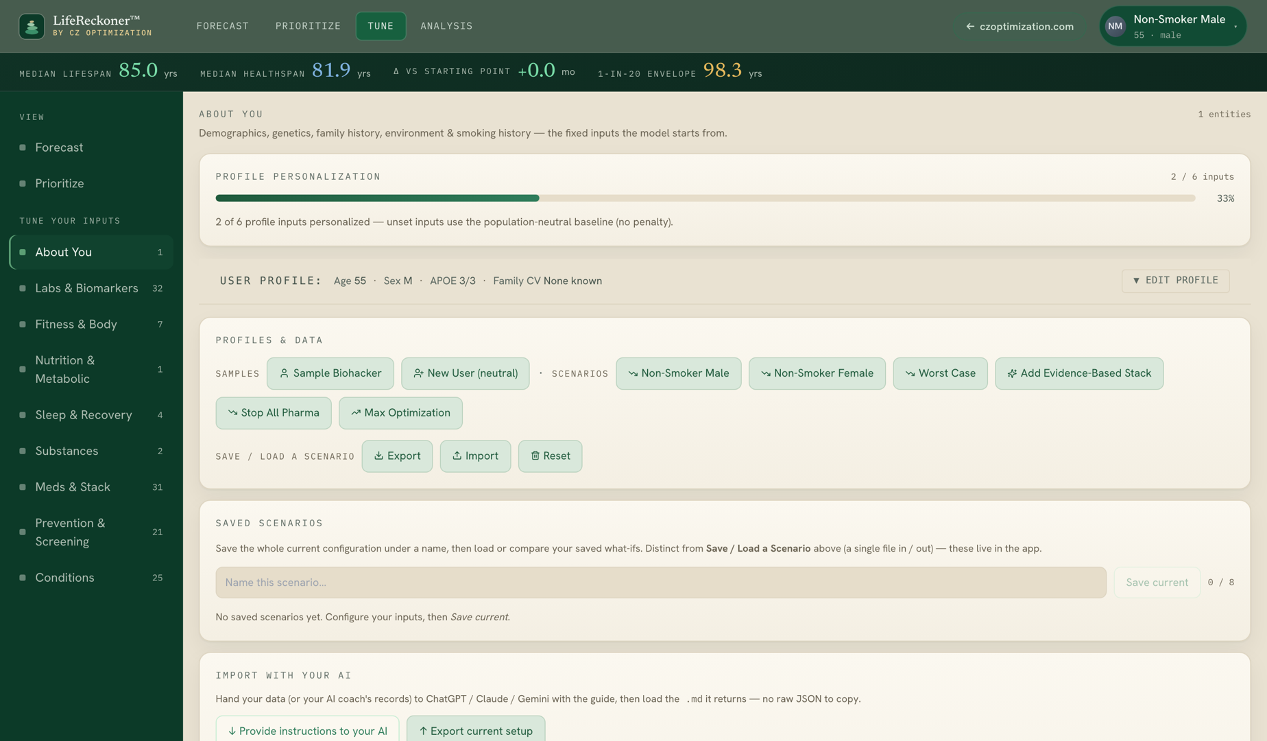 About You, set your whole baseline at once by importing the file your AI builds from an instruction sheet