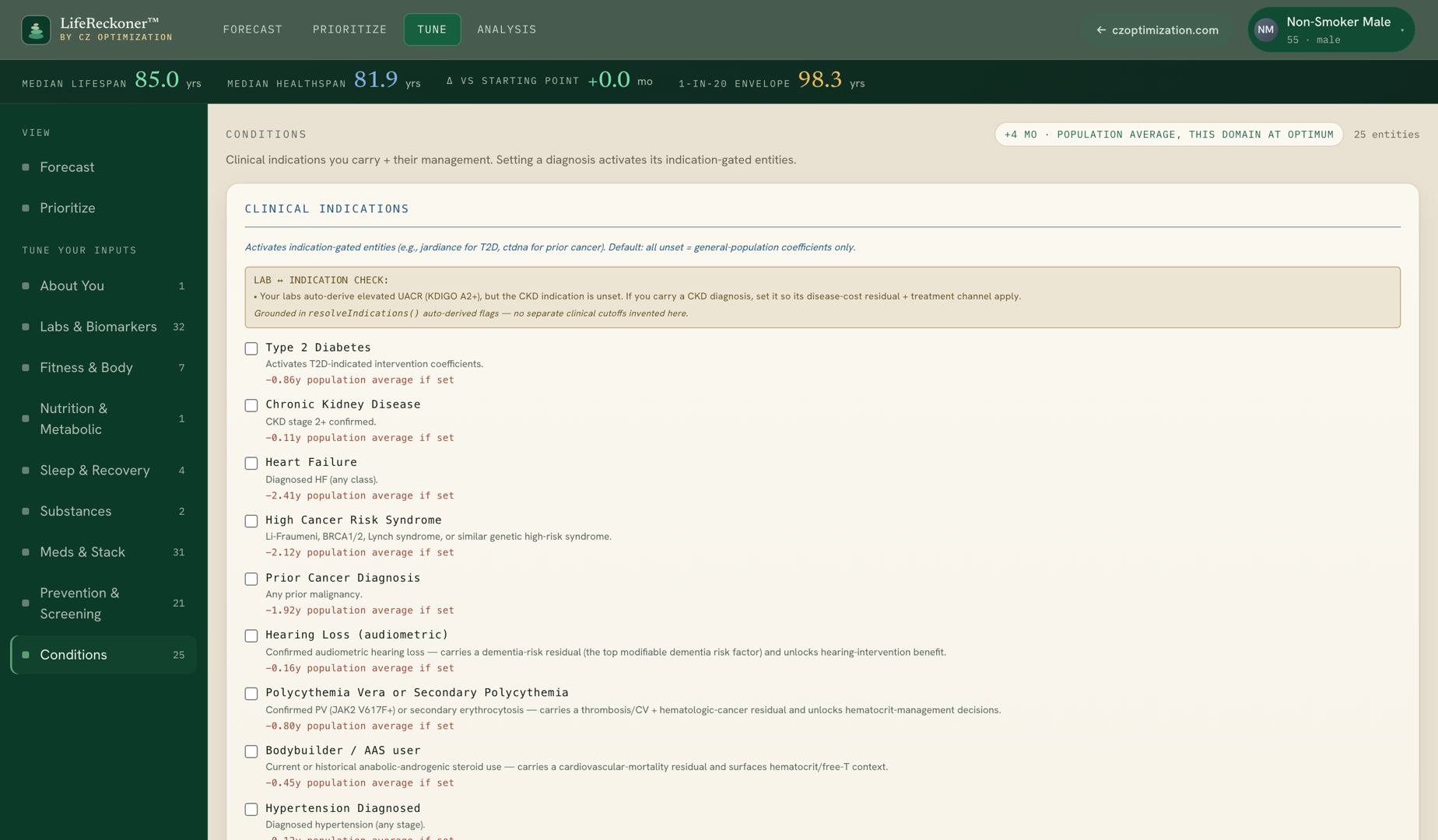 Conditions screen, clinical indication checkboxes with inline AFib management control