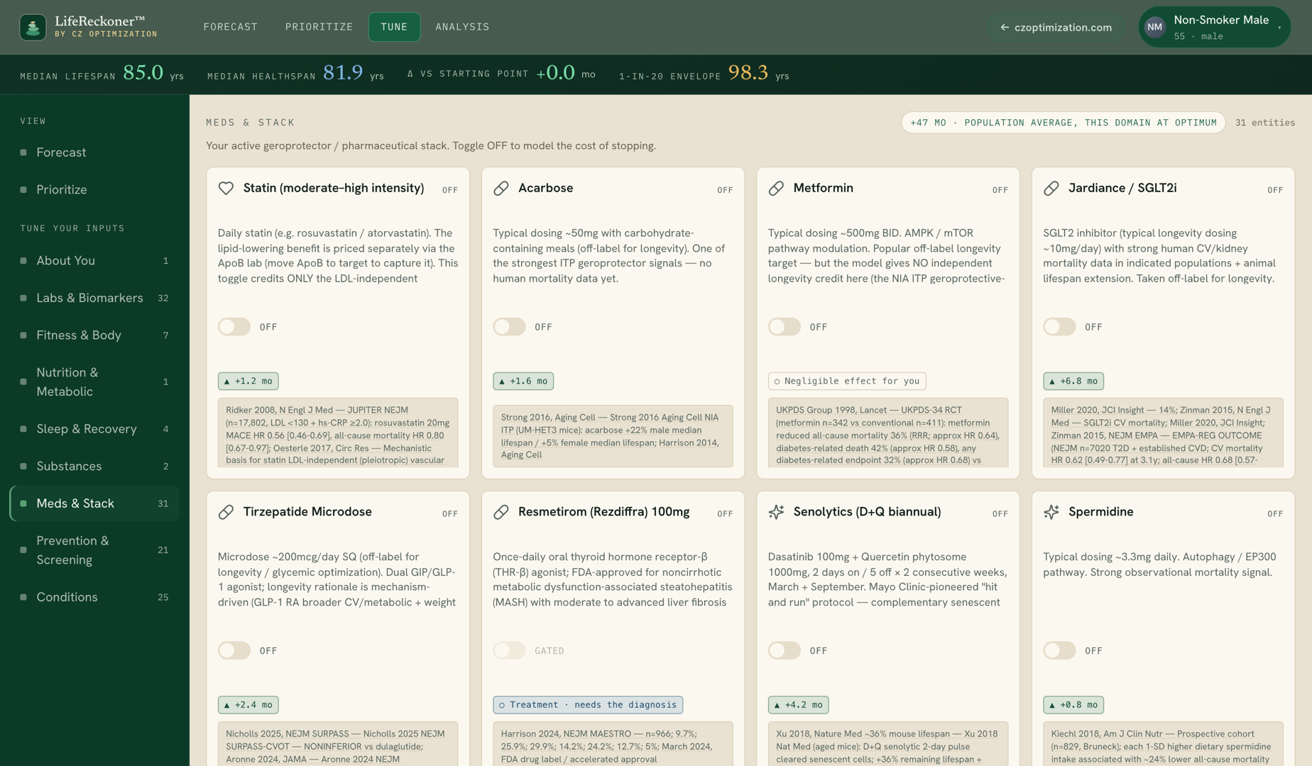 Meds & Stack screen, pharmacologic intervention toggles grouped by axis